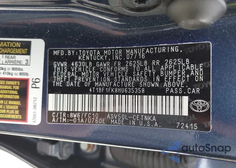 2017 Toyota Camry Le from USA, damaged, VIN 4T1BF1FK8HU635358